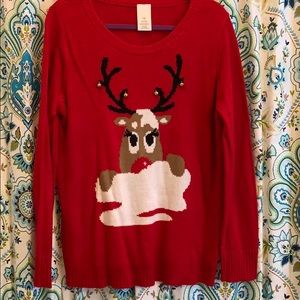 Christmas Sweater, Reindeer with bells red shiny